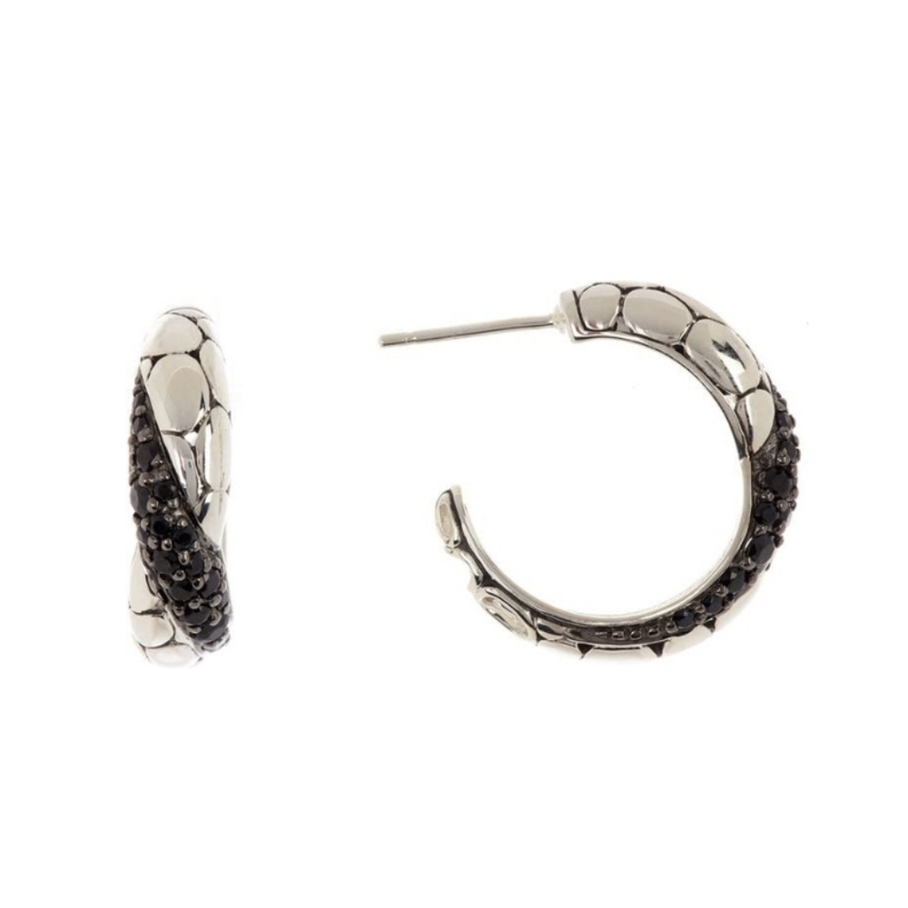 JOHN HARDY Sterling Silver Kali Lava Small Hoop Earrings w/ Pave Black Sapphires